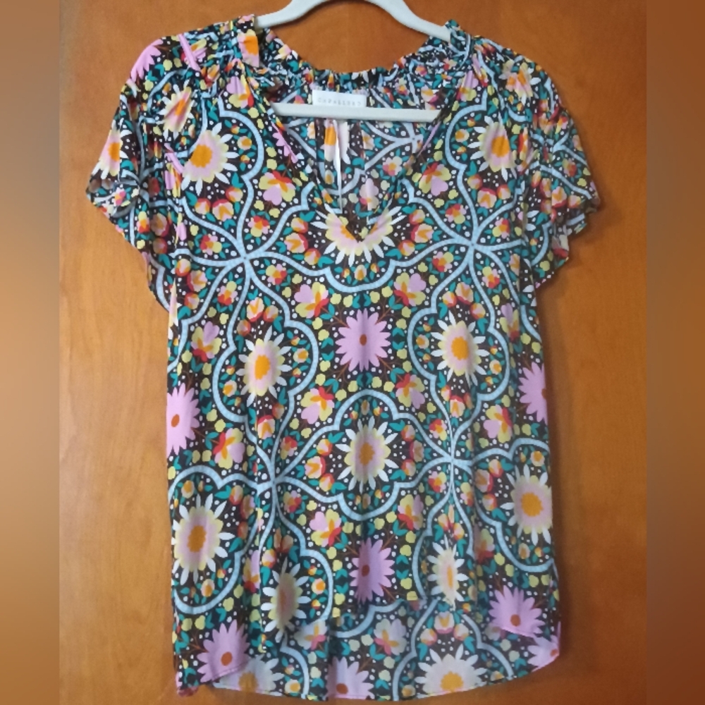 New Caballero Green and Blue Graphic Short Sleeve Blouse